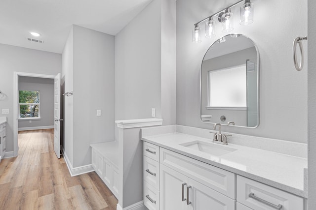 bathroom with wood finished floors, vanity, visible vents, and baseboards