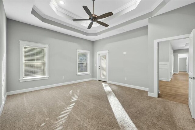 unfurnished room with crown molding, ceiling fan, a raised ceiling, and light carpet