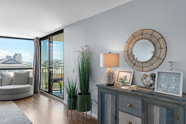 interior space featuring expansive windows and hardwood / wood-style flooring