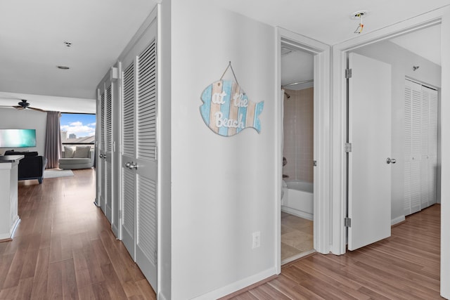 hallway with hardwood / wood-style flooring