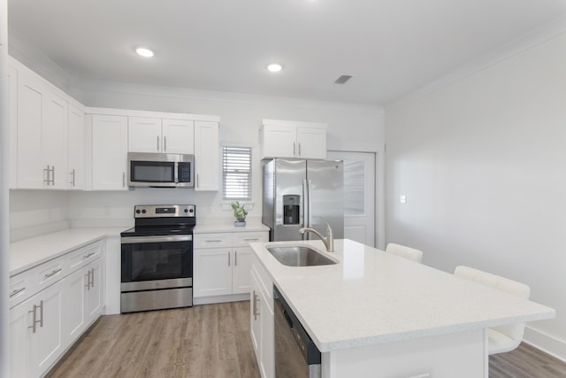 kitchen featuring a center island with sink, a kitchen breakfast bar, sink, appliances with stainless steel finishes, and white cabinetry