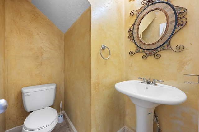 bathroom with toilet, a textured ceiling, and vaulted ceiling