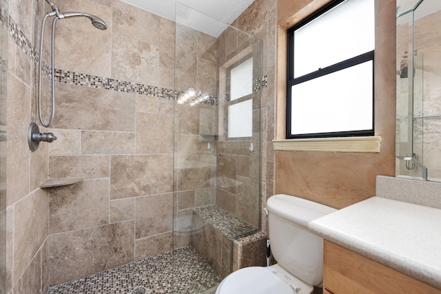 bathroom with a tile shower, vanity, toilet, and a wealth of natural light