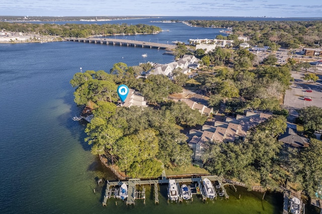 bird's eye view with a water view