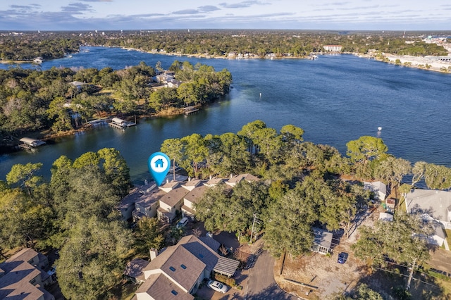 drone / aerial view with a water view