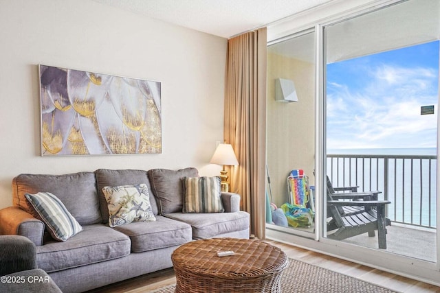 living room with expansive windows, hardwood / wood-style floors, and a water view