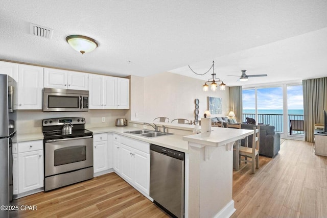 kitchen featuring sink, stainless steel appliances, expansive windows, kitchen peninsula, and ceiling fan with notable chandelier