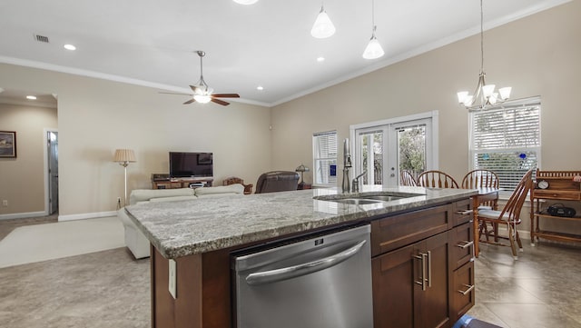 kitchen with dishwasher, ornamental molding, and ceiling fan with notable chandelier