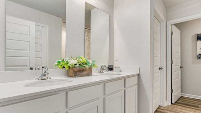 bathroom with vanity and wood-type flooring