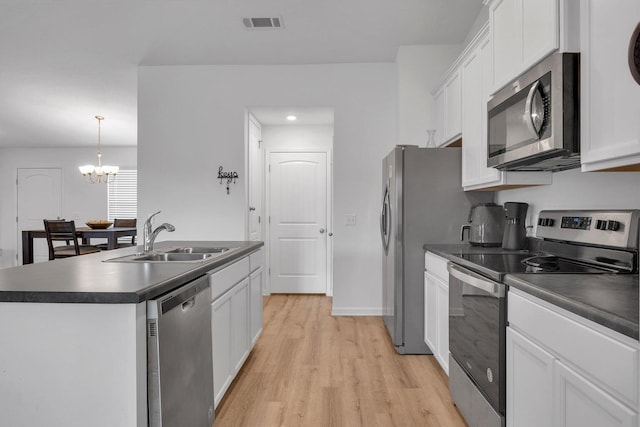 kitchen with white cabinets, hanging light fixtures, sink, and appliances with stainless steel finishes