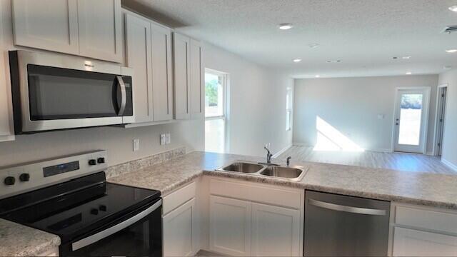 kitchen with appliances with stainless steel finishes, white cabinetry, a wealth of natural light, and sink