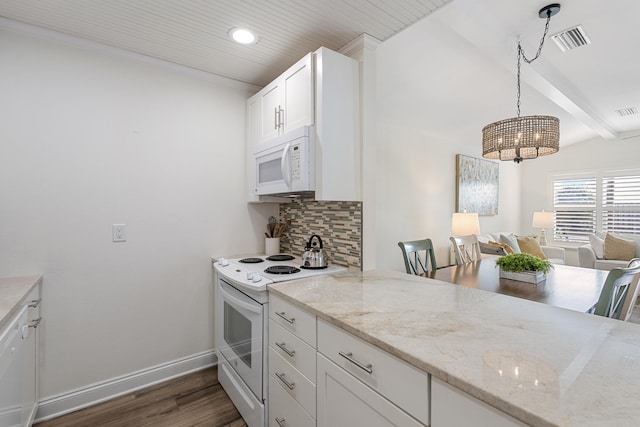 kitchen featuring white cabinetry, hanging light fixtures, white appliances, and light stone counters