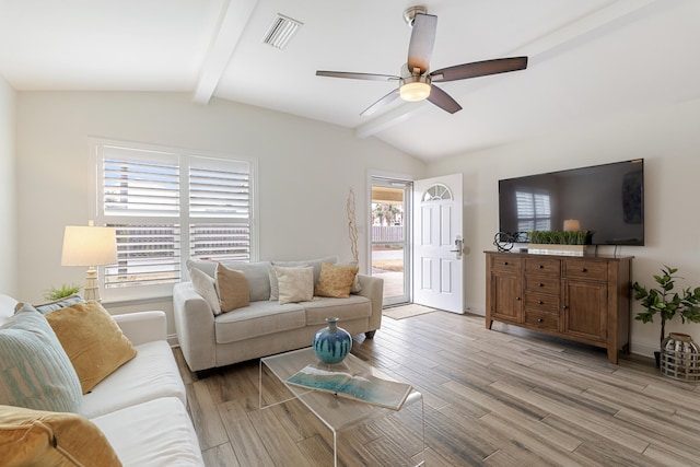 living room featuring lofted ceiling with beams, ceiling fan, and light hardwood / wood-style floors