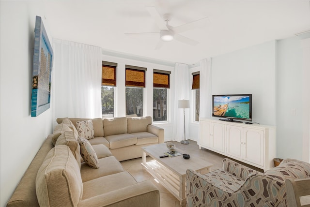 living room with ceiling fan