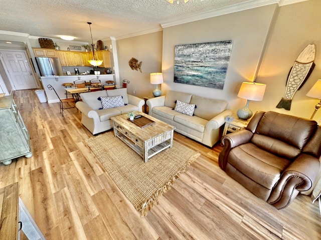 living room with a textured ceiling, light hardwood / wood-style flooring, and ornamental molding