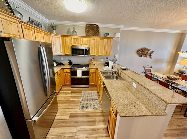 kitchen with sink, ornamental molding, a textured ceiling, appliances with stainless steel finishes, and kitchen peninsula