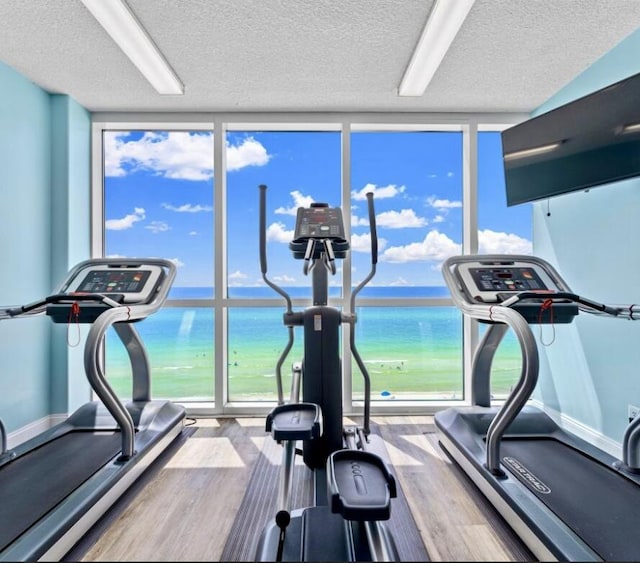 workout area with light hardwood / wood-style floors, a textured ceiling, and a wall of windows