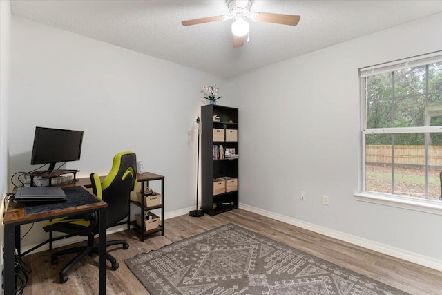 office with ceiling fan, wood-type flooring, and a textured ceiling