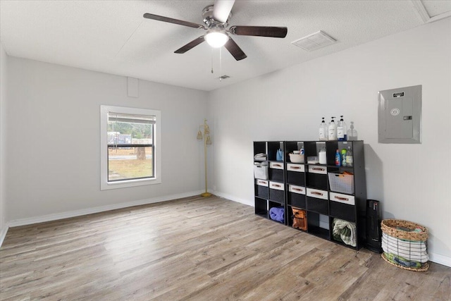 interior space featuring ceiling fan, a textured ceiling, electric panel, and light hardwood / wood-style flooring