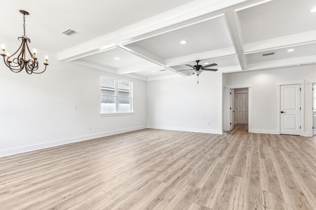 363 Bear Creek Blvd, Freeport, FL 32439 - unfurnished living room with visible vents, light wood finished floors, baseboards, ceiling fan with notable chandelier, and coffered ceiling