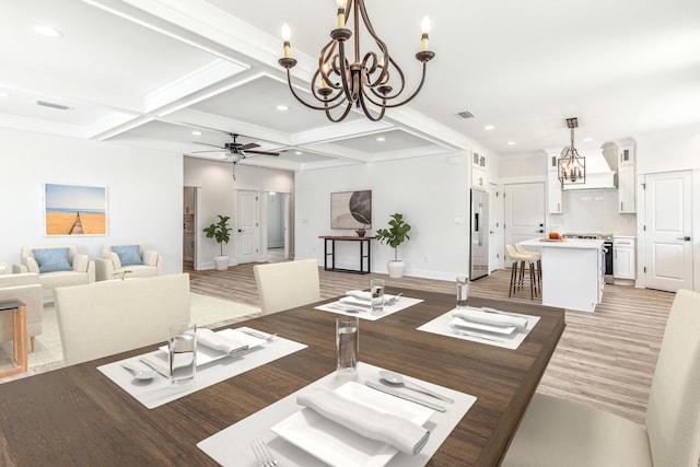 363 Bear Creek Blvd, Freeport, FL 32439 - dining room with recessed lighting, visible vents, coffered ceiling, and ceiling fan with notable chandelier