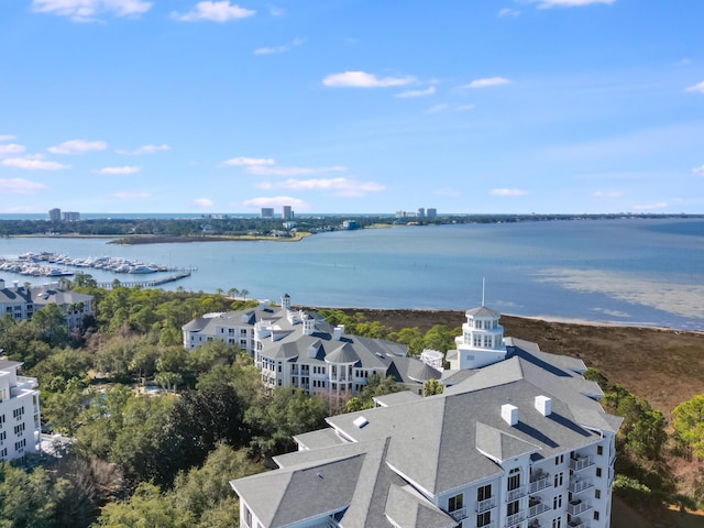 drone / aerial view with a water view