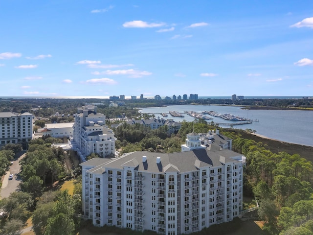 bird's eye view with a water view