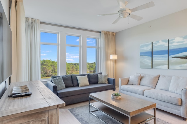 living room featuring light hardwood / wood-style floors, ceiling fan, and a healthy amount of sunlight