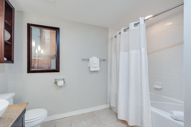 full bathroom featuring vanity, tile patterned flooring, shower / bathtub combination with curtain, and toilet