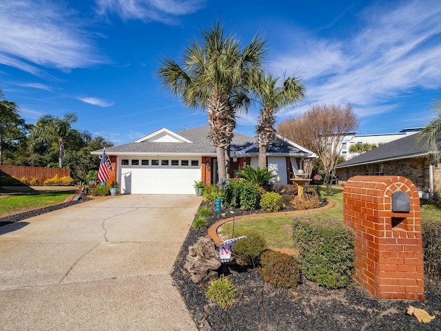 ranch-style house with a front yard and a garage