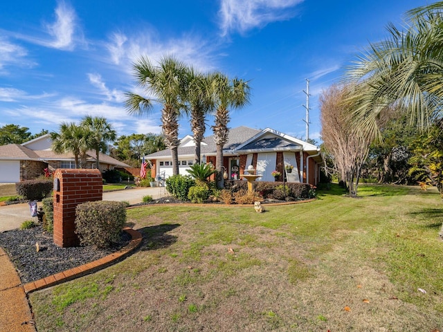 ranch-style house with a garage and a front lawn