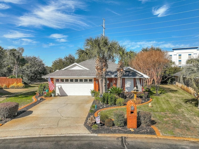 single story home with a garage and a front lawn