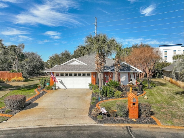 single story home with a garage and a front lawn