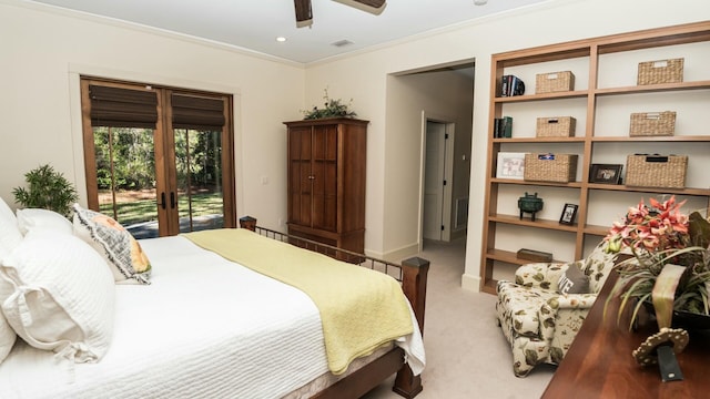 bedroom featuring ceiling fan, french doors, access to outside, light carpet, and ornamental molding