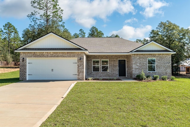 ranch-style house featuring a front yard and a garage