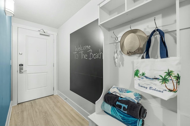 mudroom with light hardwood / wood-style flooring