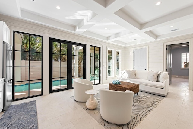 29 Thyme St, Santa Rosa Beach, FL 32459 - living area with french doors, coffered ceiling, beamed ceiling, and recessed lighting