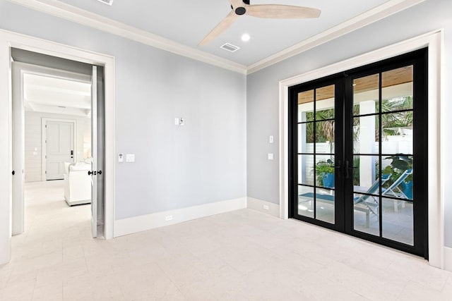 empty room featuring ceiling fan, ornamental molding, and french doors