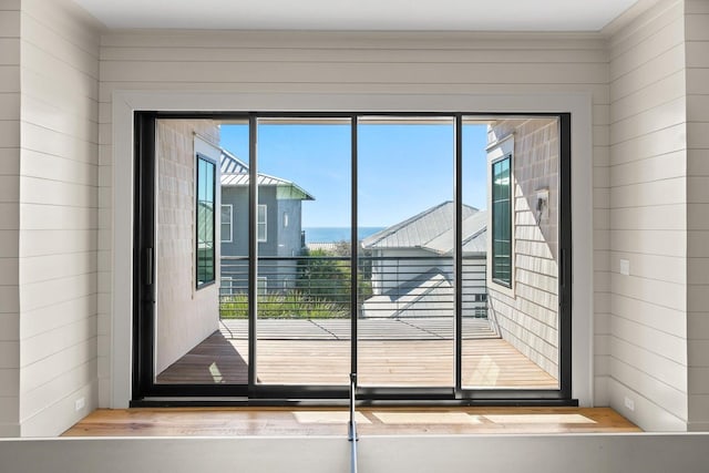 entryway with wooden walls