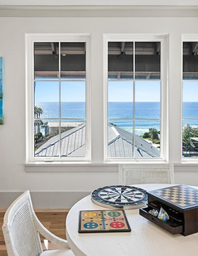 dining area with a healthy amount of sunlight, a water view, and radiator heating unit