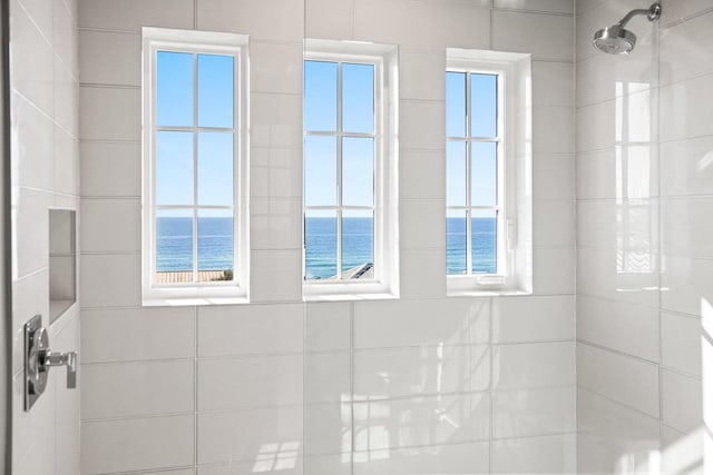 bathroom featuring a tile shower and a water view