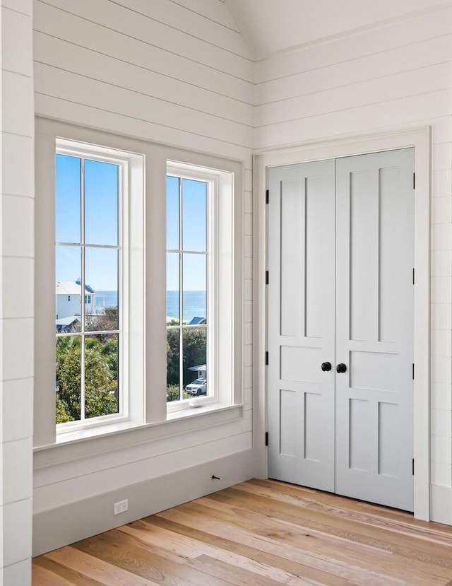 interior space featuring light hardwood / wood-style flooring, a water view, multiple windows, and a closet