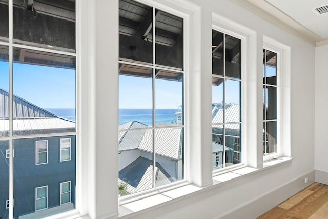 room details with a water view and hardwood / wood-style flooring