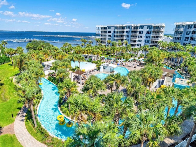 drone / aerial view featuring a water view