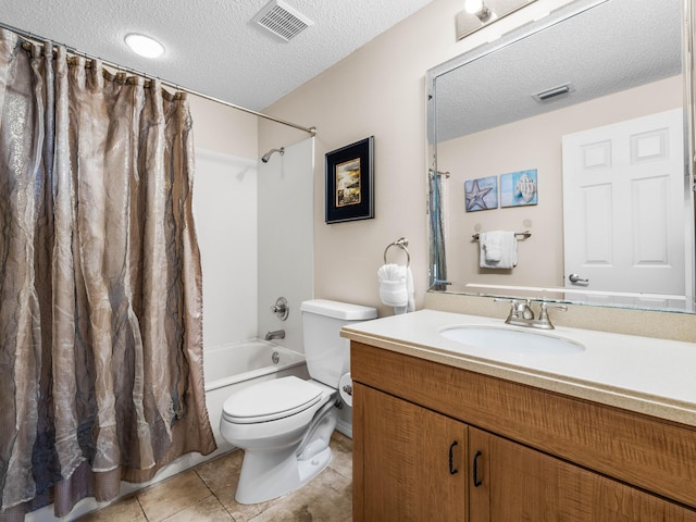 full bathroom with toilet, a textured ceiling, vanity, shower / bathtub combination with curtain, and tile patterned flooring