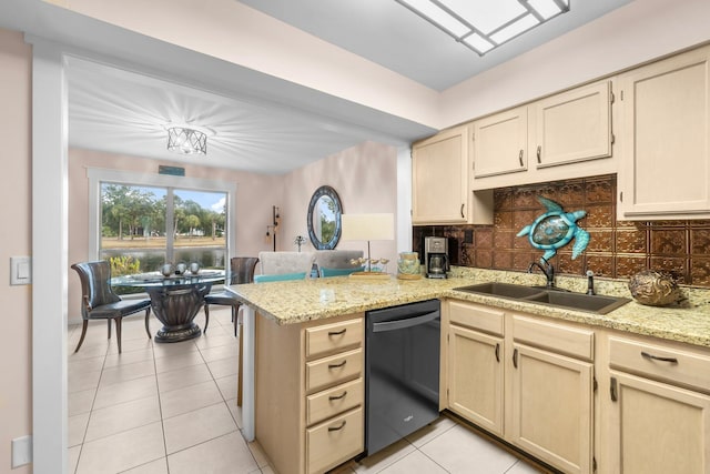 kitchen with dishwasher, backsplash, kitchen peninsula, and sink