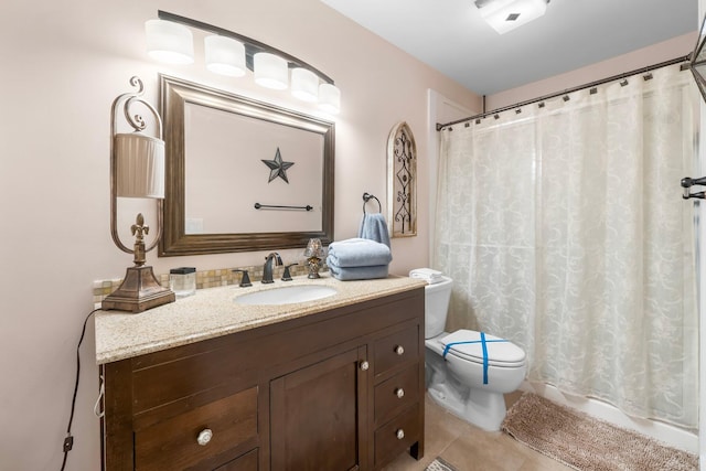 bathroom with walk in shower, tile patterned flooring, vanity, and toilet