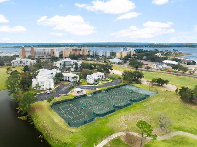 aerial view featuring a water view