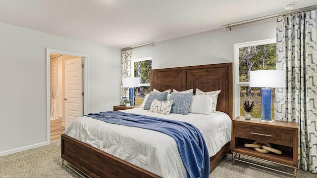 carpeted bedroom with ensuite bathroom, a textured ceiling, and multiple windows