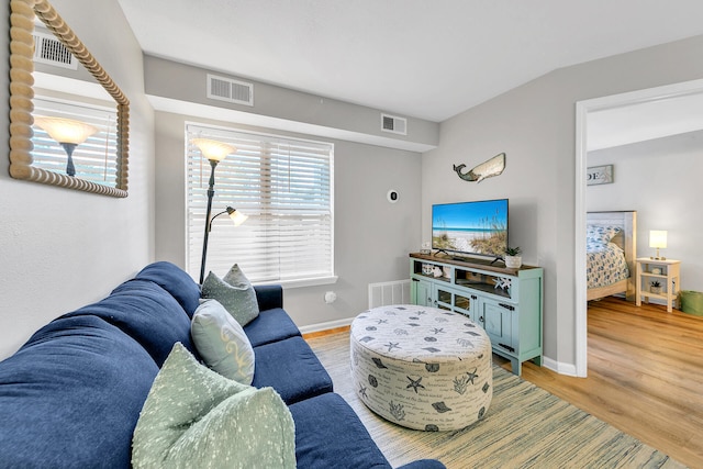 living room with hardwood / wood-style flooring and vaulted ceiling